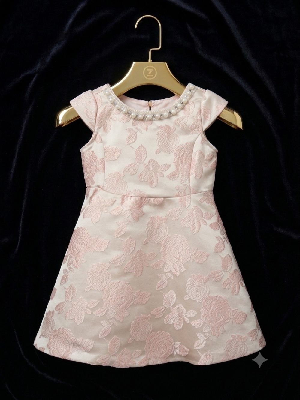 Girls' Pink Floral Jacquard Party Dress with Pearl Neckline